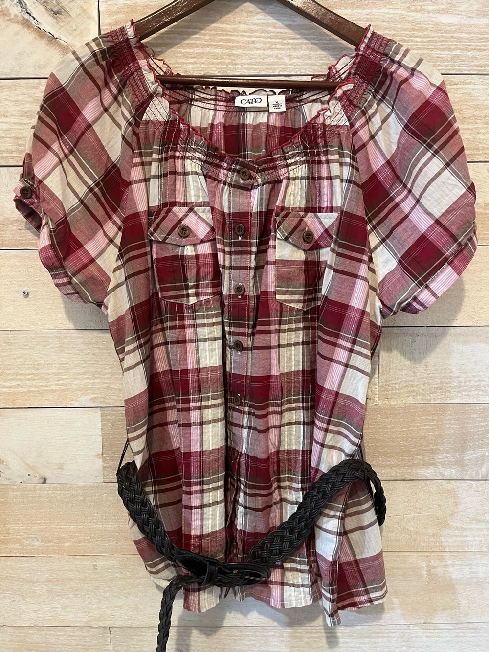 Cato Burgundy Plaid Button-Front Top with Belt